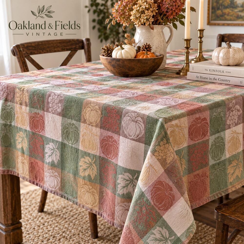 Vintage 100% Cotton Fall Gingham Tablecloth 120” Pumpkin Harvest Plaid